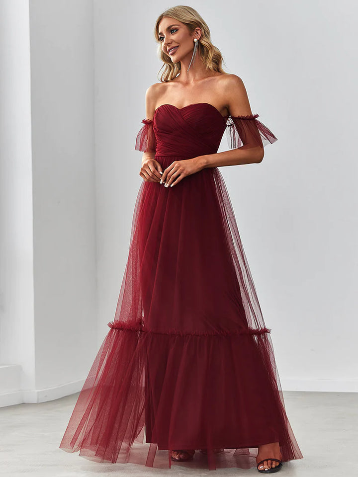 Off-Shoulder Tiered Skirt Tulle Evening Dress - CALABRO®