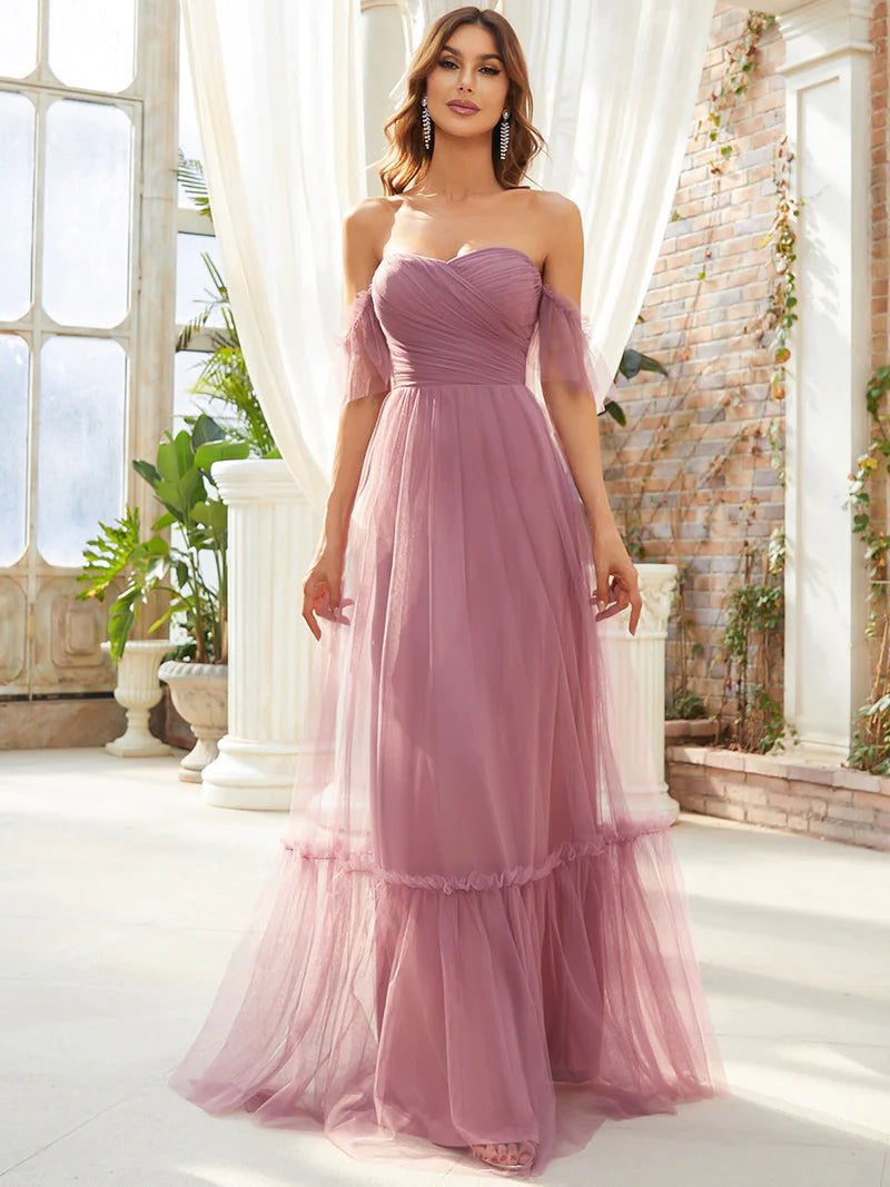 Off-Shoulder Tiered Skirt Tulle Evening Dress - CALABRO®