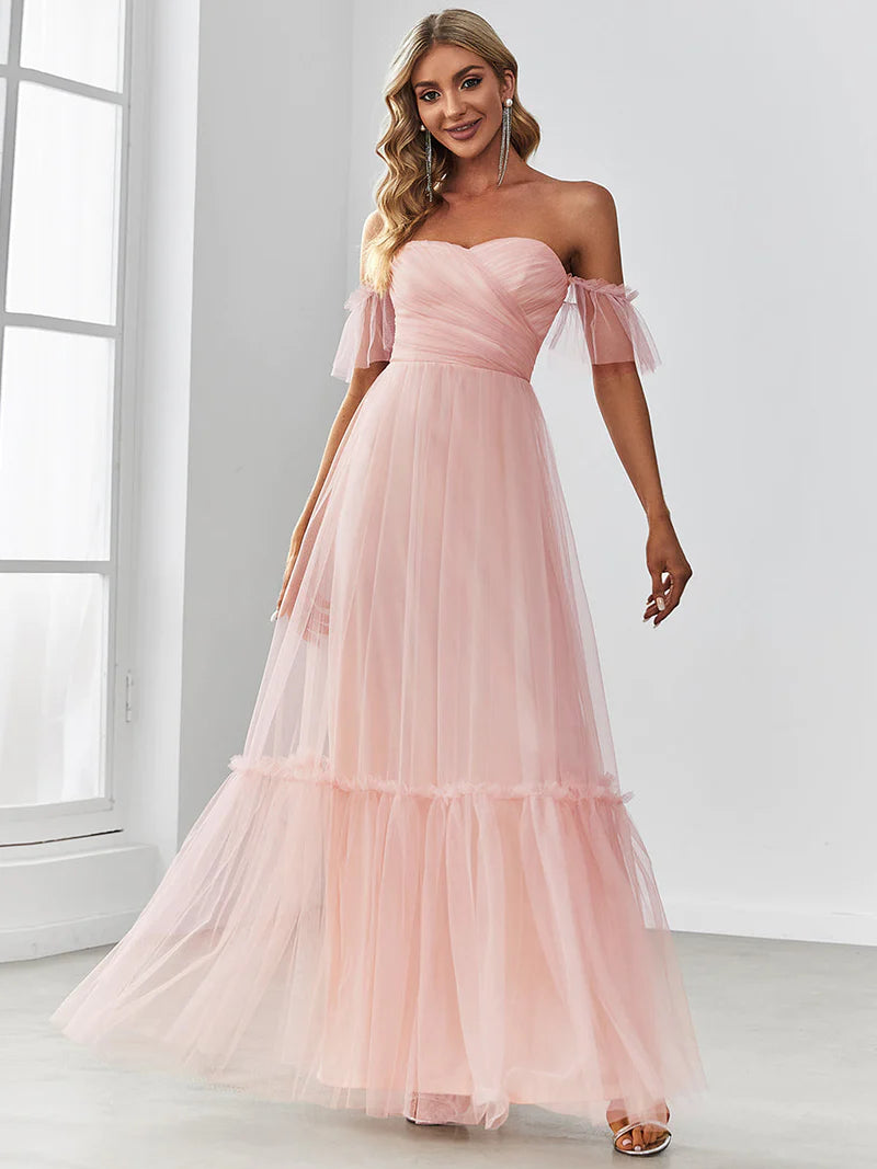Off-Shoulder Tiered Skirt Tulle Evening Dress - CALABRO®