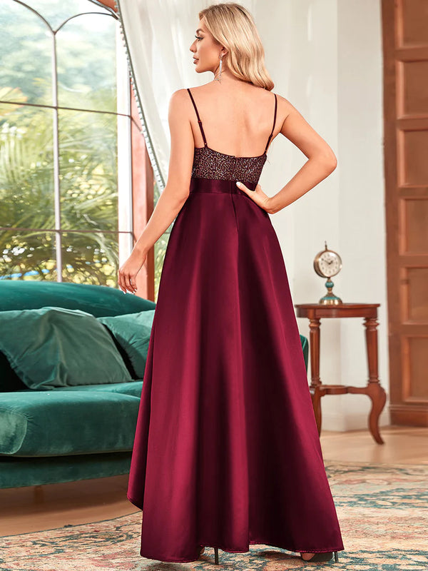 Sequinned Top High-Low Satin Formal Dress