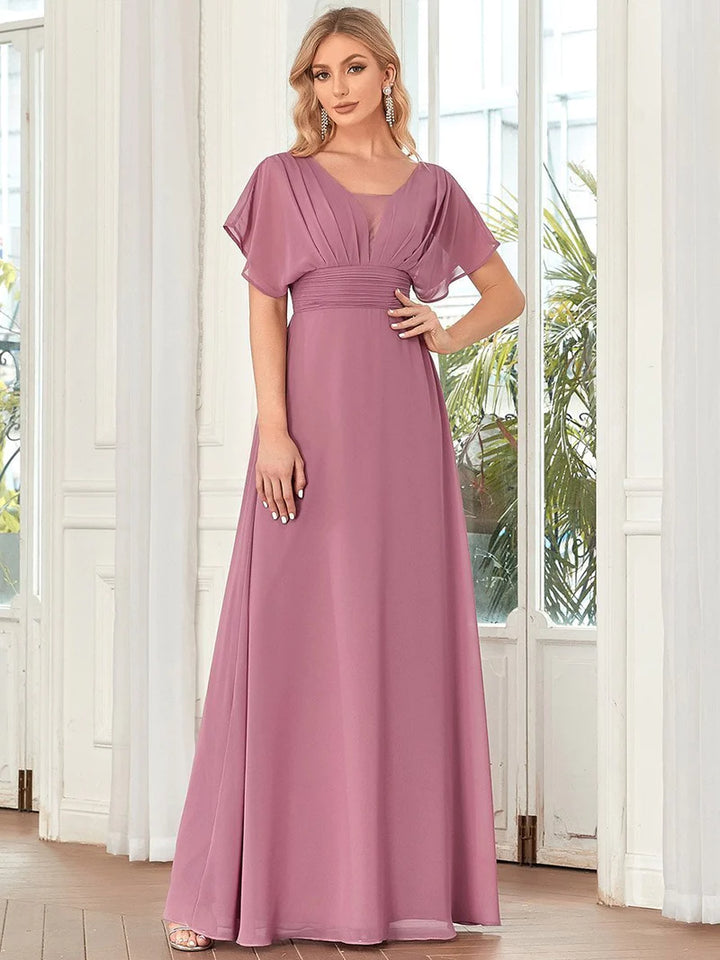 V-Neck Flowy Sleeve Straight Evening Dress - CALABRO®