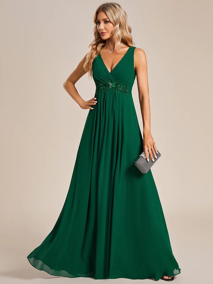 A-Line V Neck Appliques Ruched Evening Dresses - CALABRO®