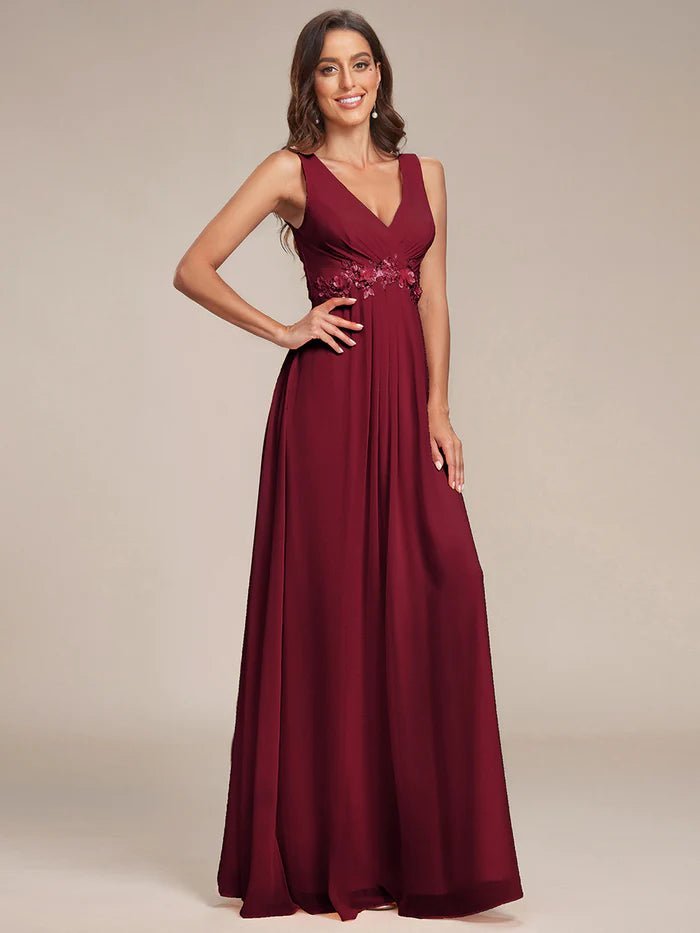 A-Line V Neck Appliques Ruched Evening Dresses - CALABRO®