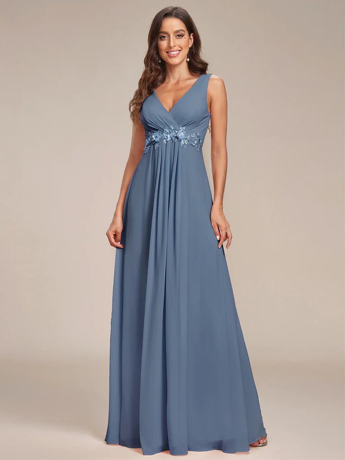 A-Line V Neck Appliques Ruched Evening Dresses - CALABRO®