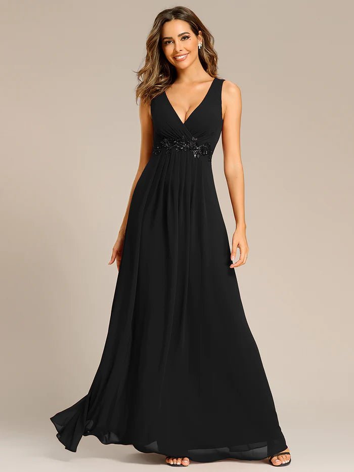 A-Line V Neck Appliques Ruched Evening Dresses - CALABRO®