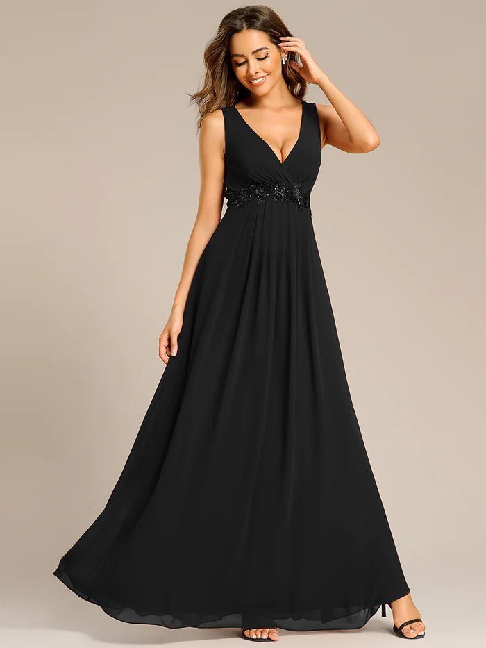 A-Line V Neck Appliques Ruched Evening Dresses - CALABRO®