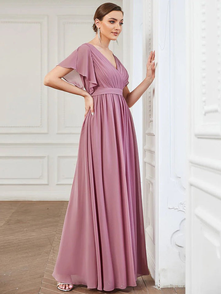 Butterfly Sleeve V-Neck Flowy Bridesmaid Dress - CALABRO®