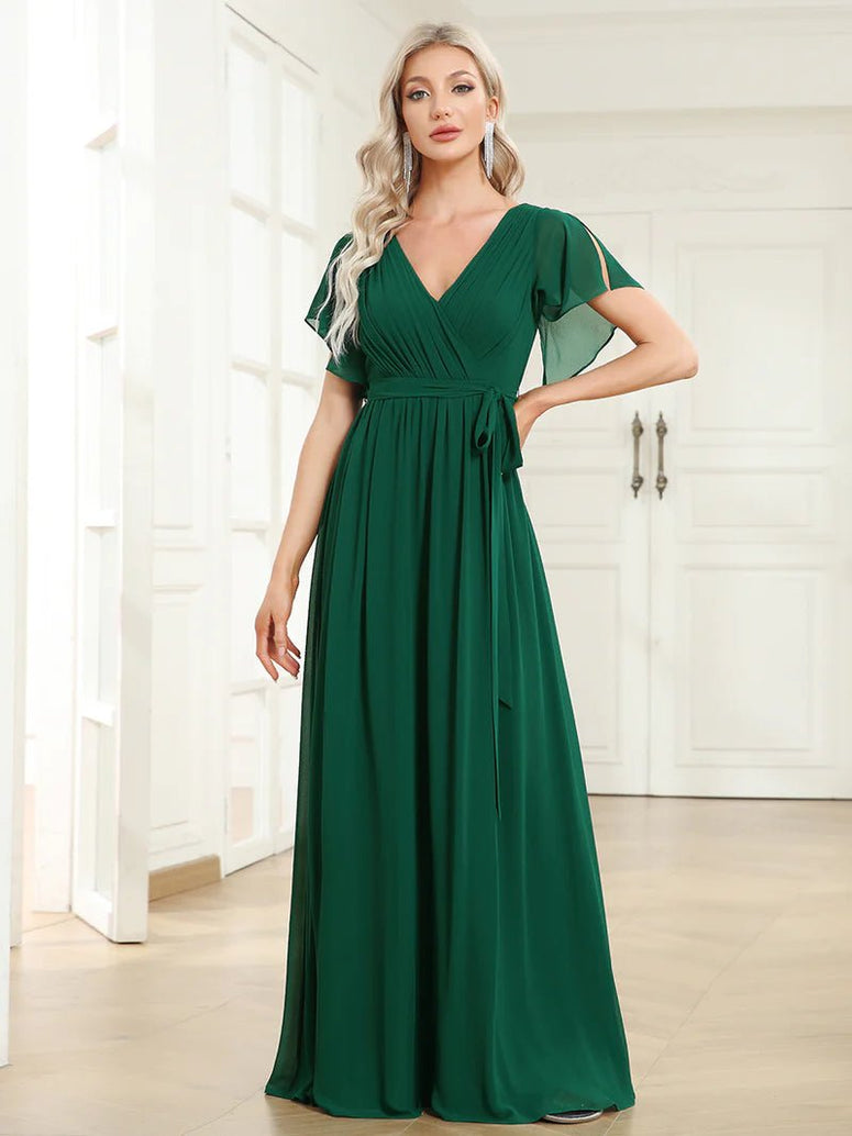 Butterfly Sleeve V-Neck Flowy Bridesmaid Dress