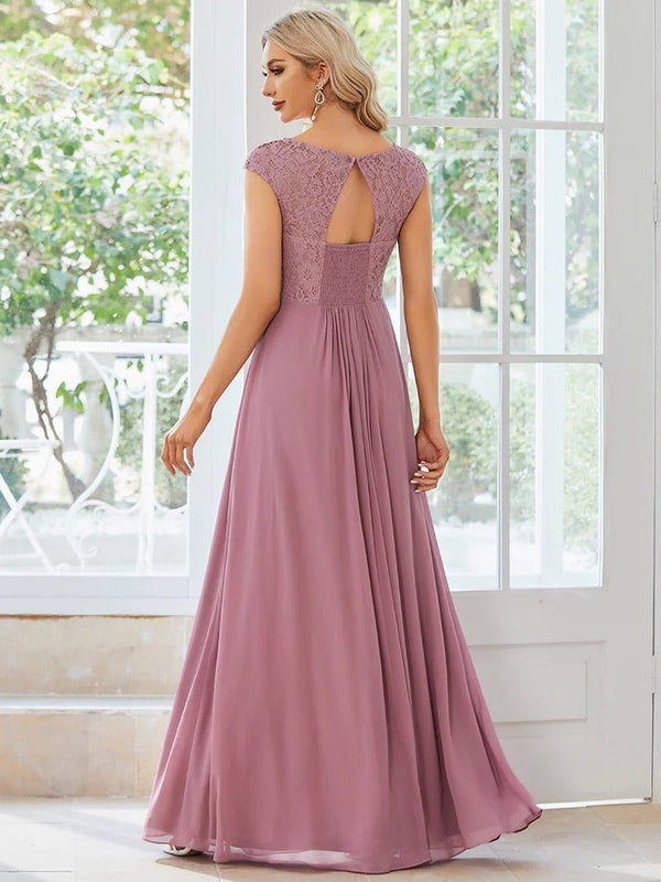 Cap Sleeve A Line Lace & Chiffon Plus Size Evening Dress