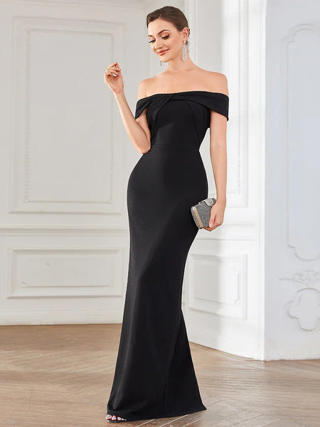 Collared Off Shoulder Back Slit Fitted Evening Dress CALABRO