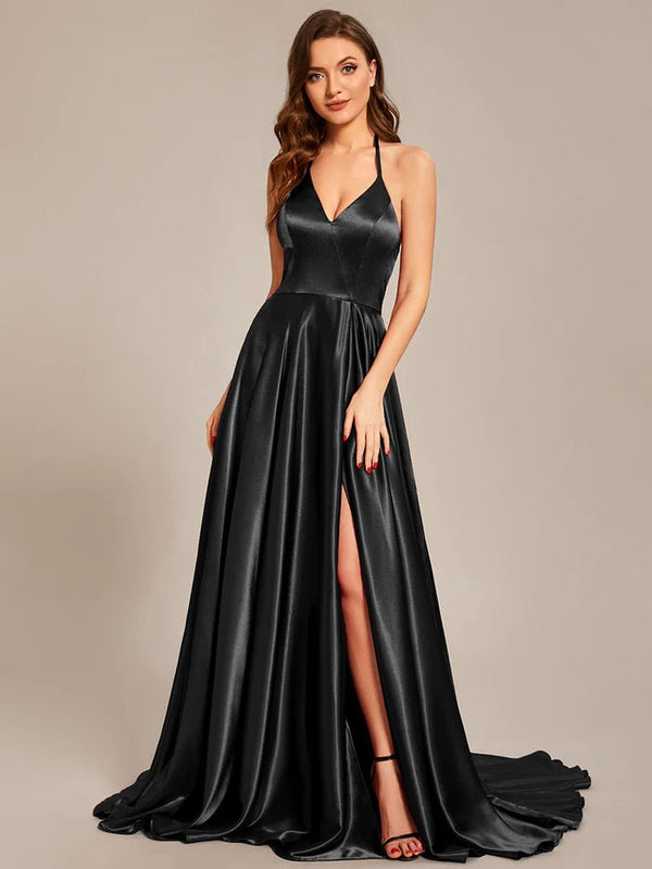 Deep V Neck Bandage Backless Side Split Spaghetti Straps Evening Dress Online Fashion Shopping