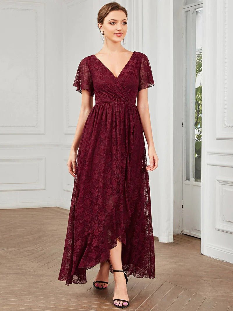 Deep V Neck Short See Through Sleeves A Line Bridesmaid Dress - CALABRO®