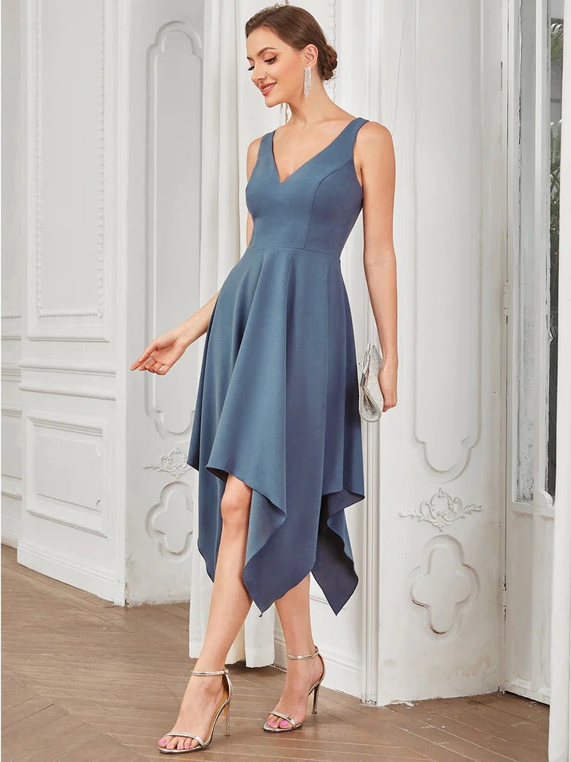 Deep V Neck Sleeveless Evening Dresses with Asymmetrical Hem - CALABRO®