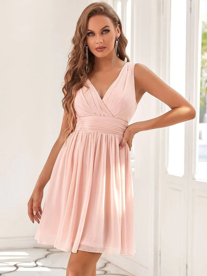 Double V-neck Chiffon Cocktail Pleated Dresses - CALABRO®