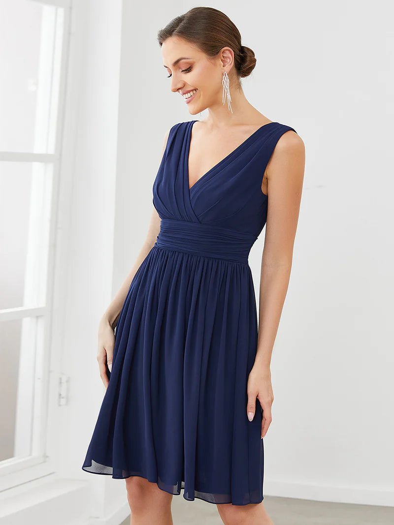 Double V-neck Chiffon Cocktail Pleated Dresses - CALABRO®