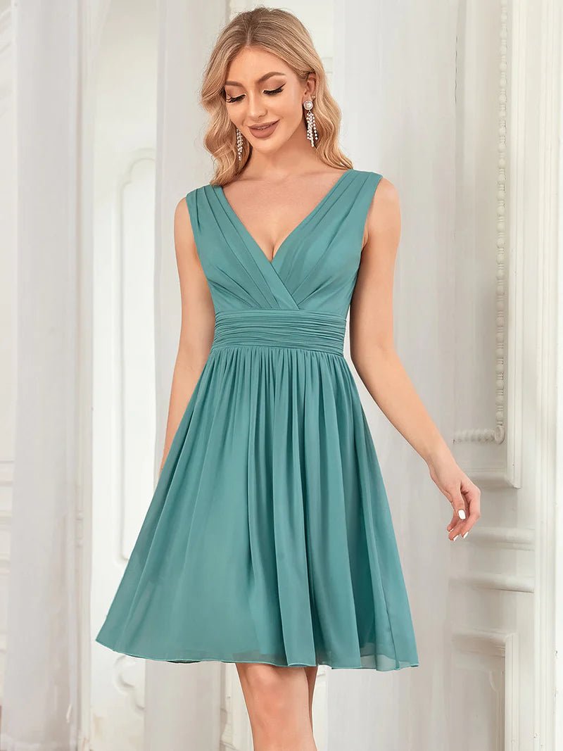 Double V-neck Chiffon Cocktail Pleated Dresses - CALABRO®