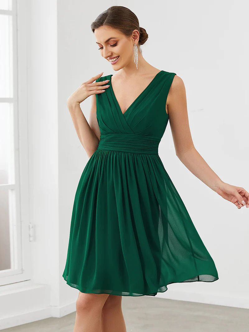 Double V-neck Chiffon Cocktail Pleated Dresses - CALABRO®