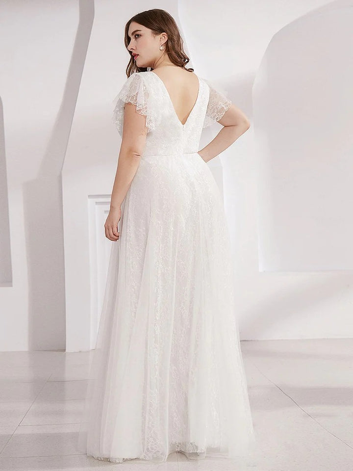 Plus Size Double V Neck Lace Wedding Dresses with Ruffle Sleeves - CALABRO®