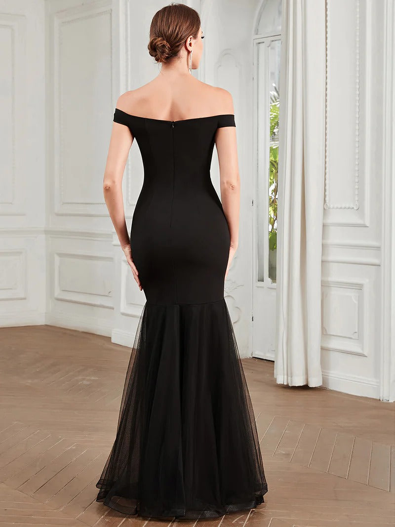 V Neck Floor Length Off Shoulders Fishtail Evening Dresses - CALABRO®