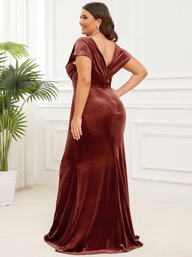 Plus Deep V Neck A Line Evening Dresses with Short Sleeves - CALABRO®