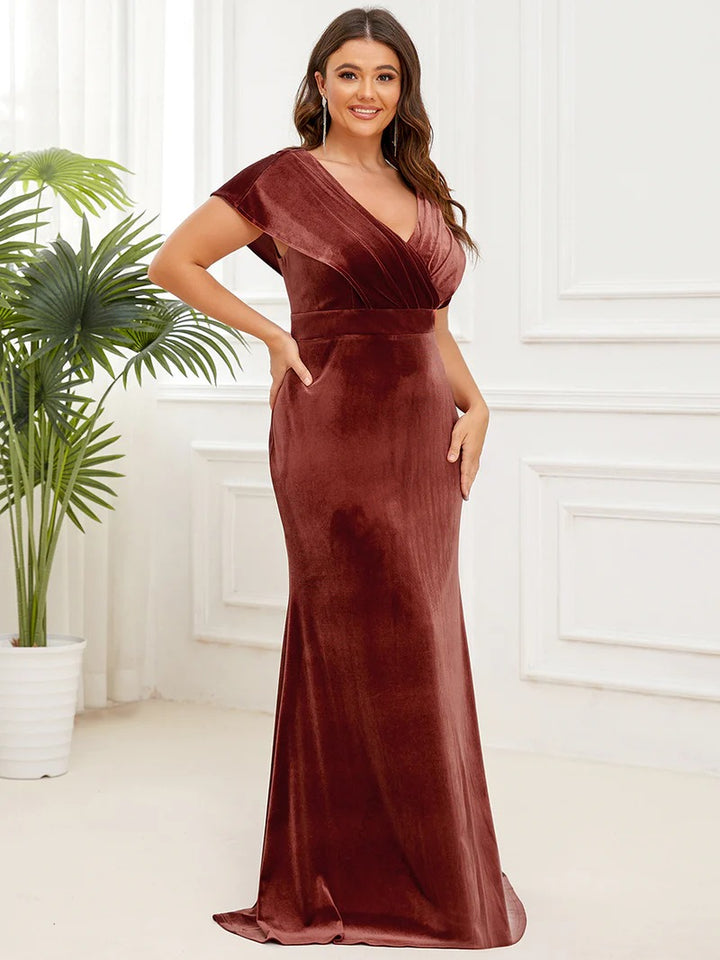 Plus Deep V Neck A Line Evening Dresses with Short Sleeves - CALABRO®