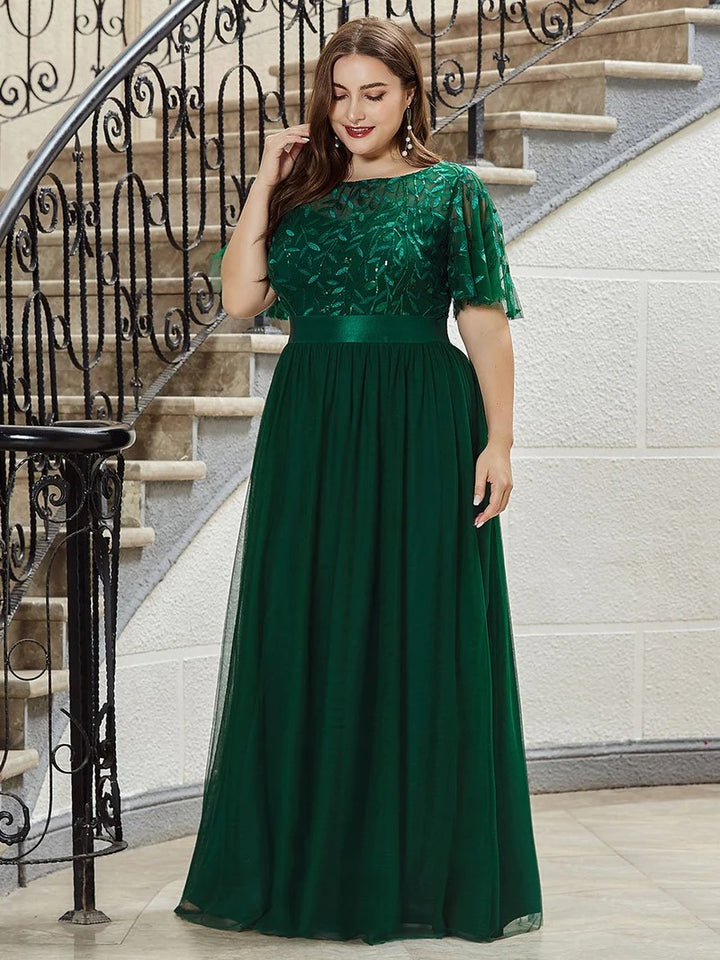 Sequin Print Plus Size Evening Dresses with Cap Sleeve - CALABRO®