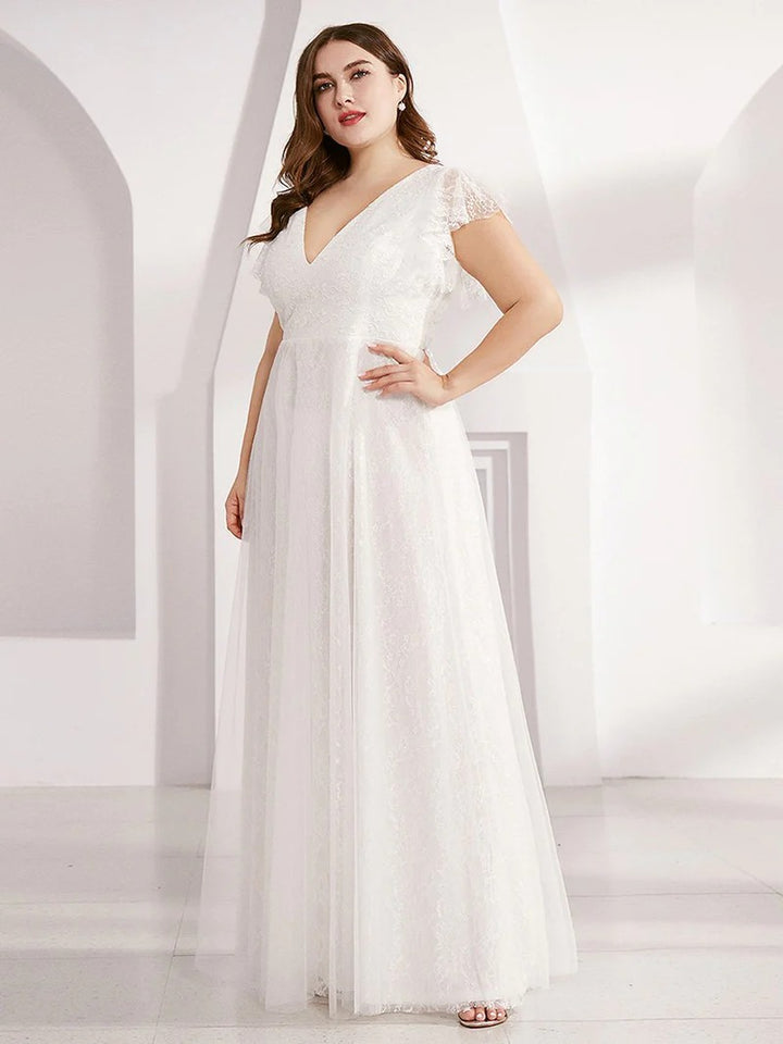 Plus Size Double V Neck Lace Wedding Dresses with Ruffle Sleeves - CALABRO®