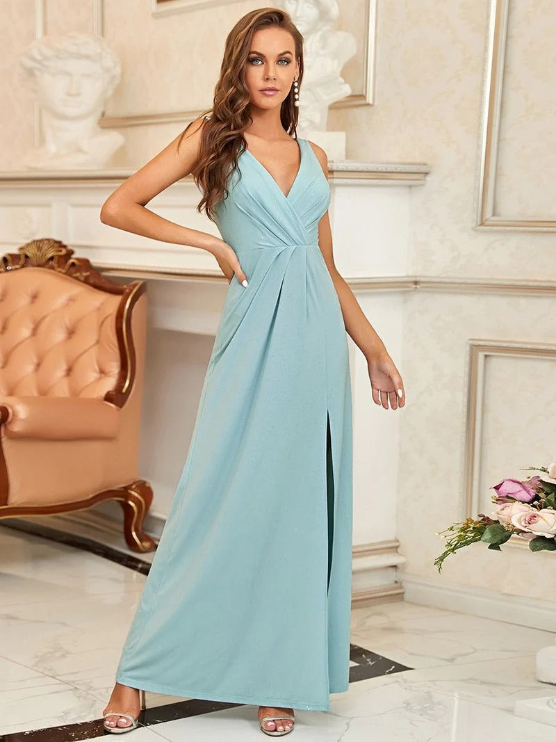 Floor Length V Neck Shimmery Formal Dresses With Side Split - CALABRO®