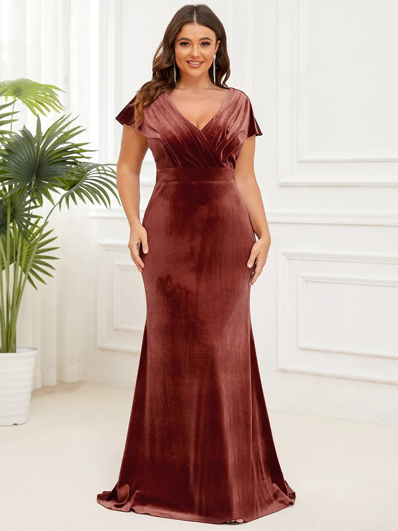 Plus Deep V Neck A Line Evening Dresses with Short Sleeves - CALABRO®