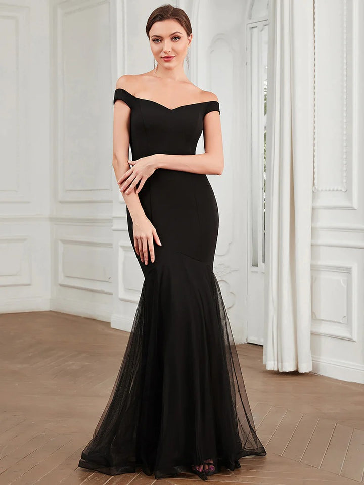 V Neck Floor Length Off Shoulders Fishtail Evening Dresses - CALABRO®