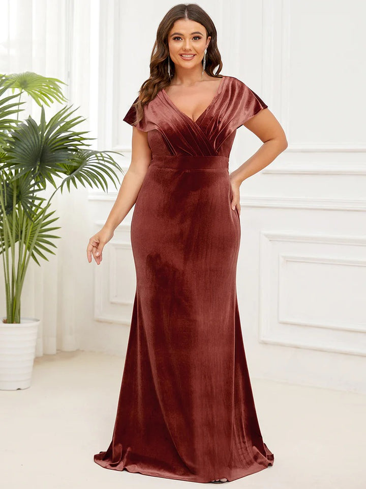 Plus Deep V Neck A Line Evening Dresses with Short Sleeves - CALABRO®