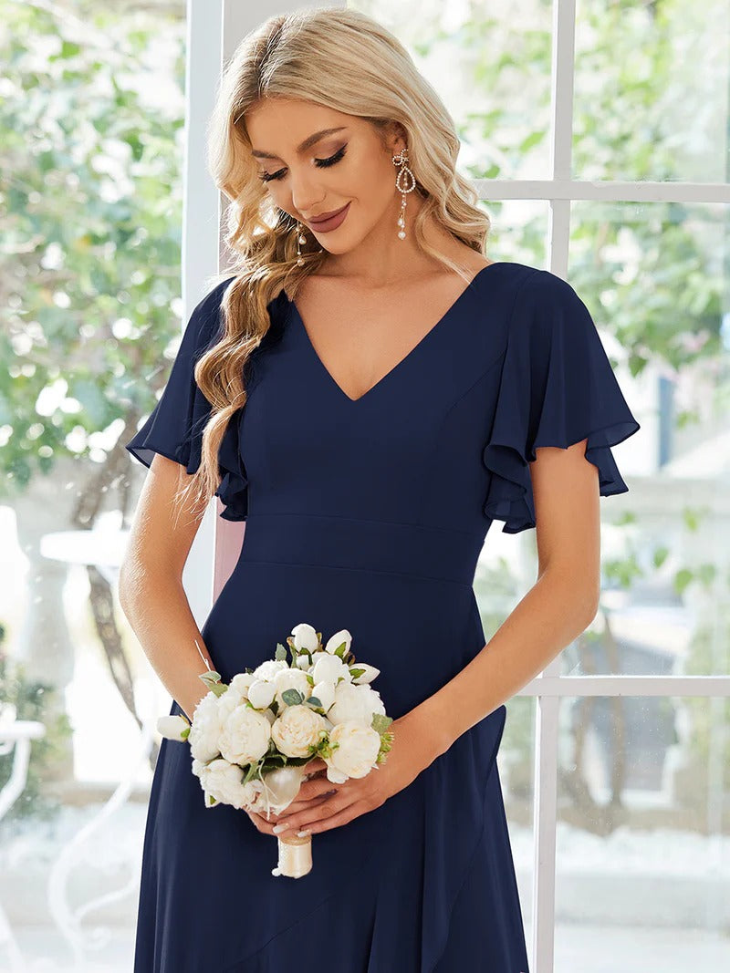 V Neck High Low Ruffles Chiffon Bridesmaid Dress - CALABRO®