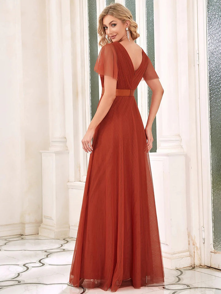 Women's Pretty V-Neck A-Line Floor-Length Bridesmaid Dress - CALABRO®