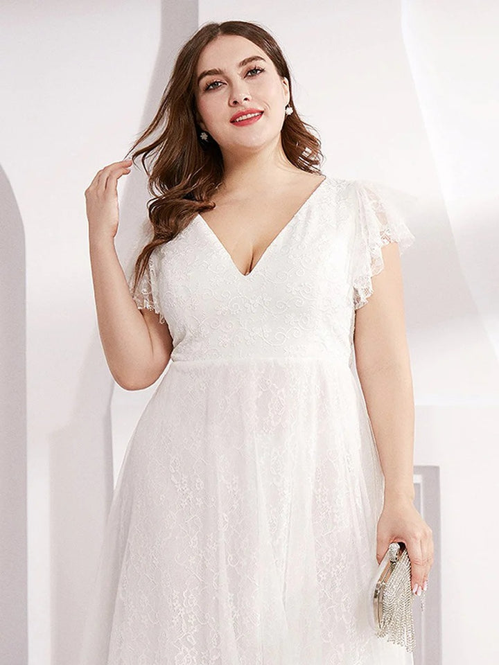 Plus Size Double V Neck Lace Wedding Dresses with Ruffle Sleeves - CALABRO®