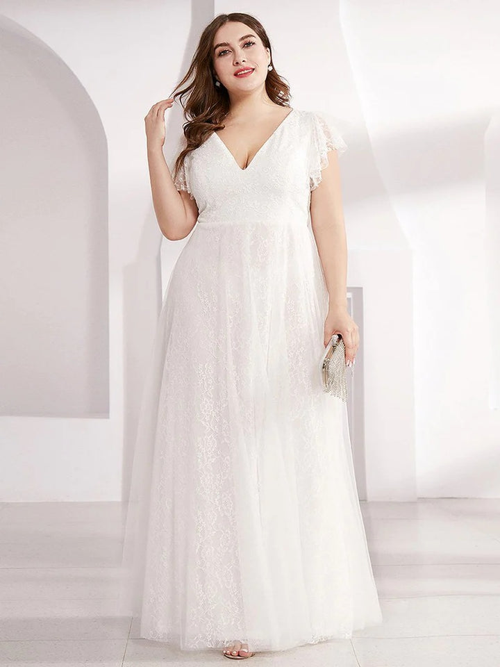 Plus Size Double V Neck Lace Wedding Dresses with Ruffle Sleeves - CALABRO®