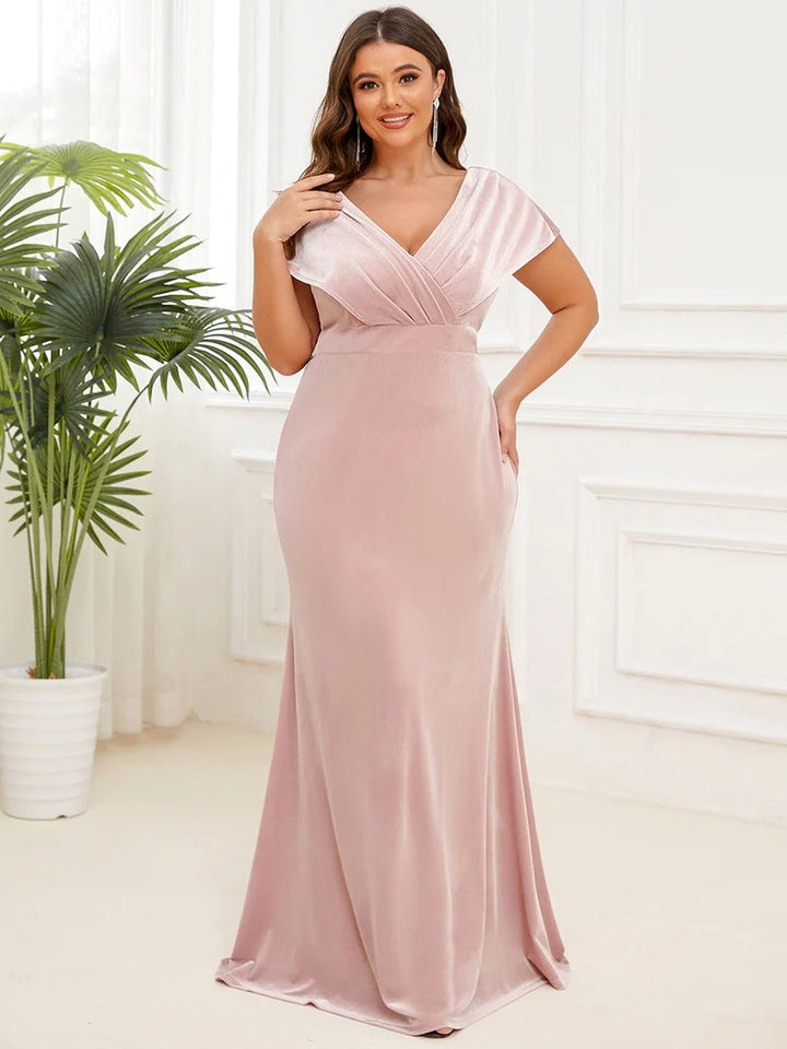 Plus Deep V Neck A Line Evening Dresses with Short Sleeves - CALABRO®