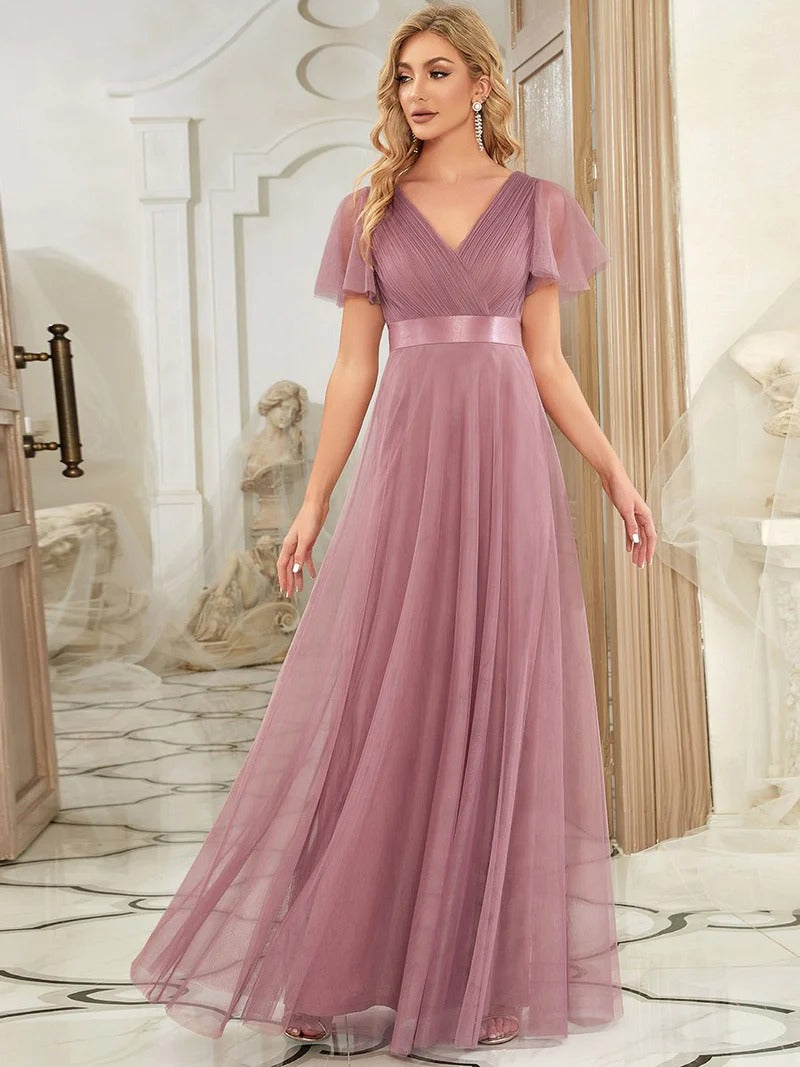 Women's Pretty V-Neck A-Line Floor-Length Bridesmaid Dress - CALABRO®