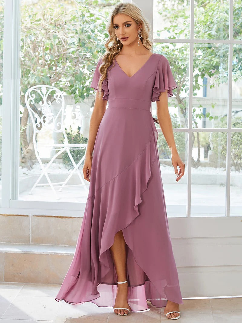 V Neck High Low Ruffles Chiffon Bridesmaid Dress - CALABRO®