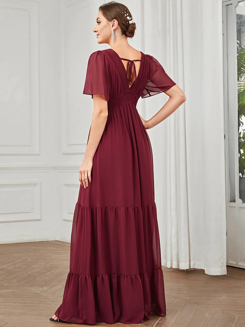 Simple V Neck A Line Short Sleeves Evening Dress - CALABRO®