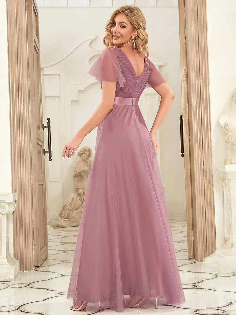 Women's Pretty V-Neck A-Line Floor-Length Bridesmaid Dress - CALABRO®