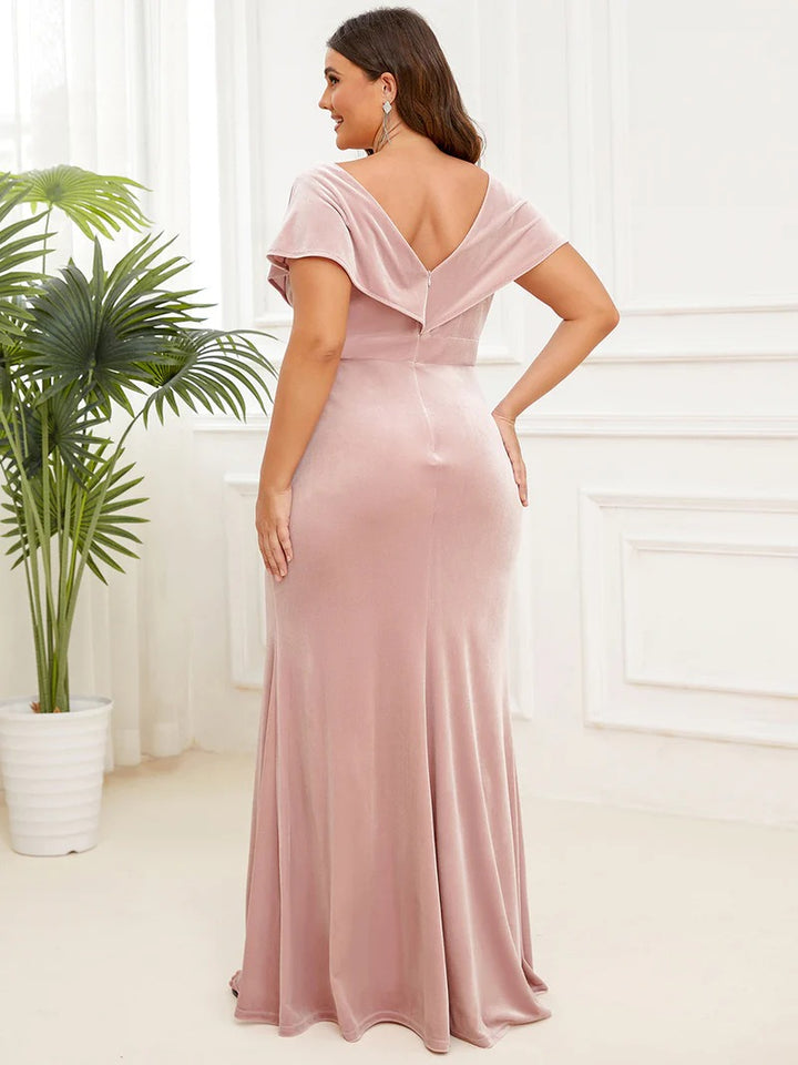 Plus Deep V Neck A Line Evening Dresses with Short Sleeves - CALABRO®