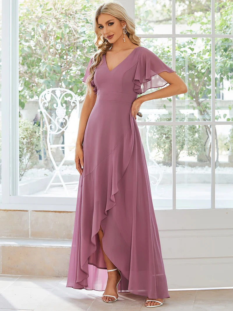 V Neck High Low Ruffles Chiffon Bridesmaid Dress - CALABRO®