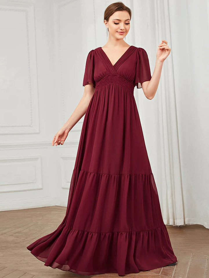 Simple V Neck A Line Short Sleeves Evening Dress - CALABRO®