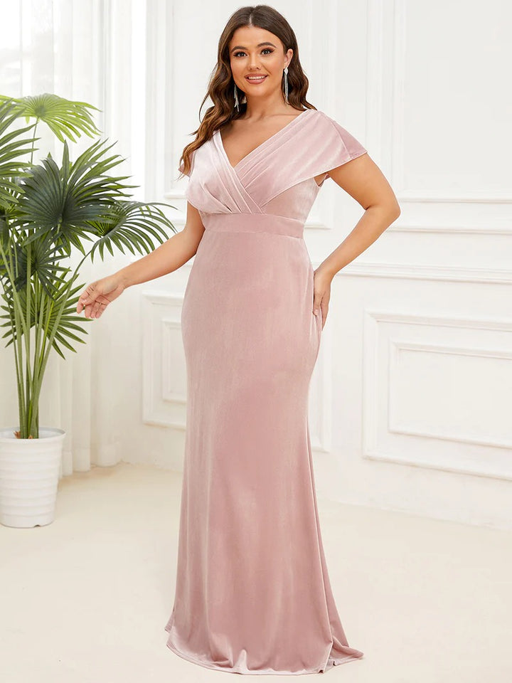 Plus Deep V Neck A Line Evening Dresses with Short Sleeves - CALABRO®