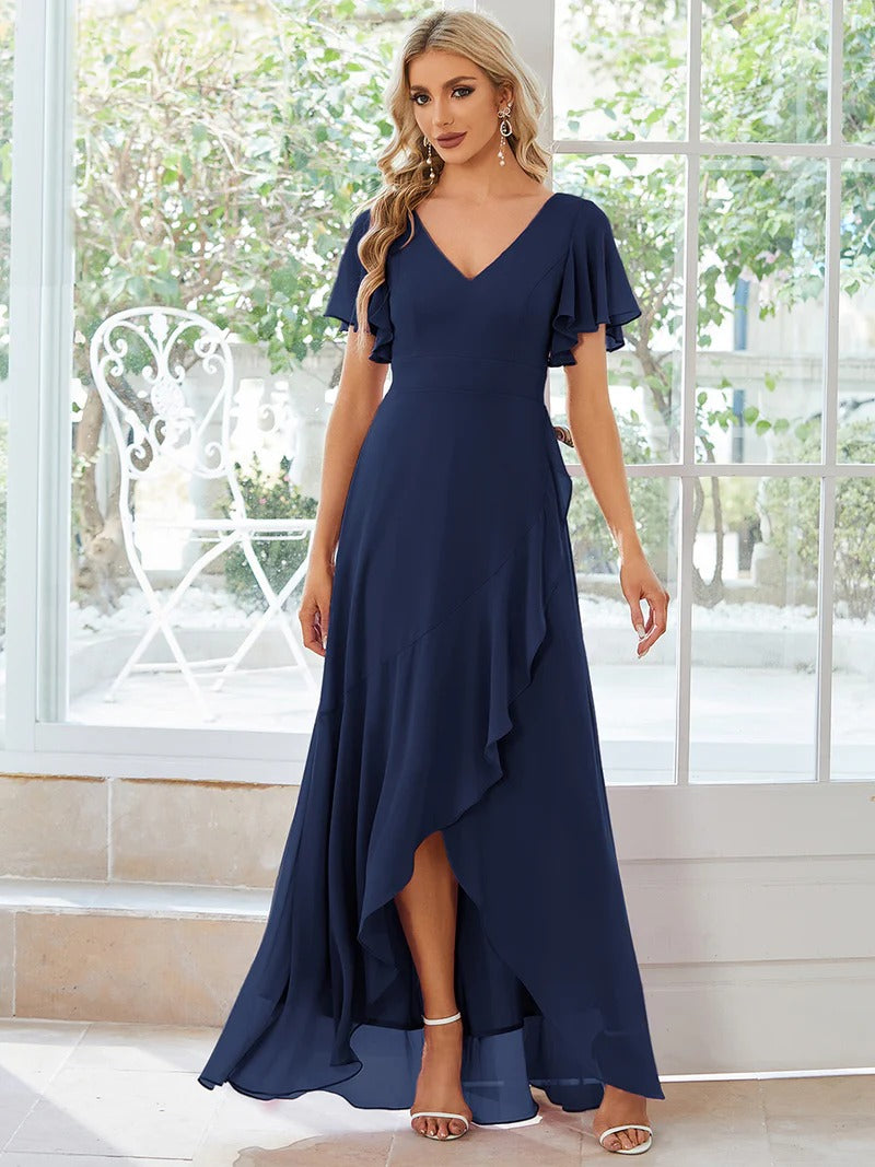 V Neck High Low Ruffles Chiffon Bridesmaid Dress - CALABRO®