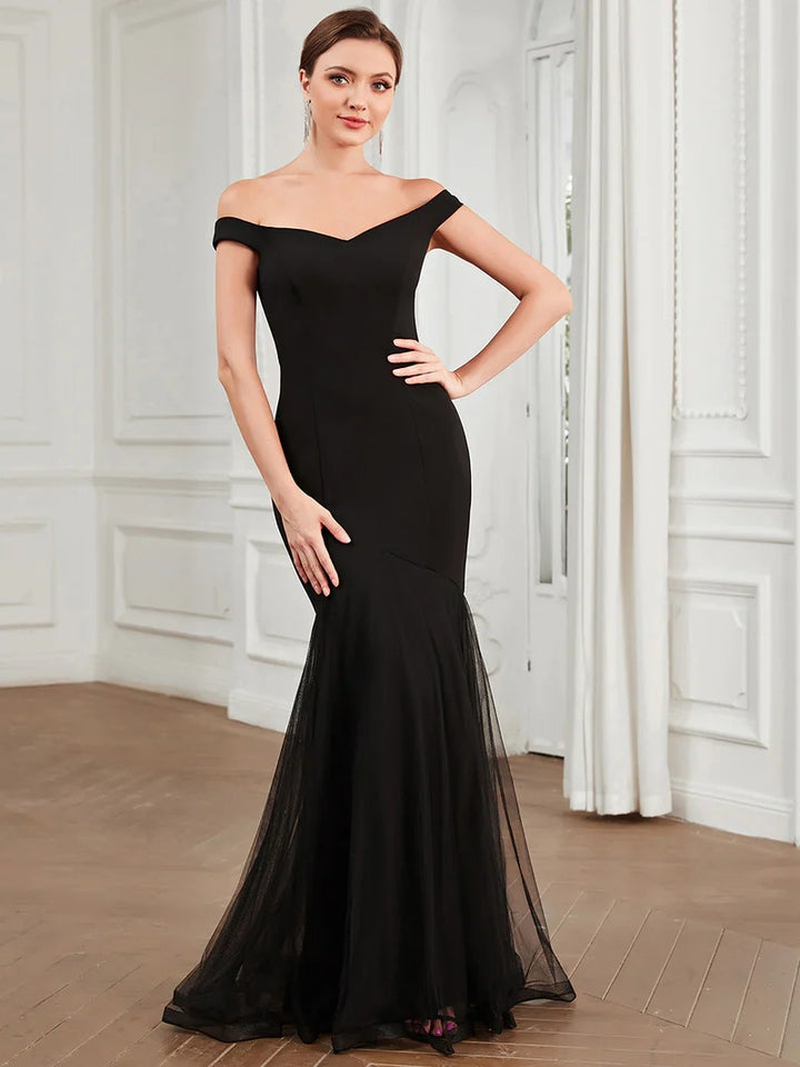 V Neck Floor Length Off Shoulders Fishtail Evening Dresses - CALABRO®