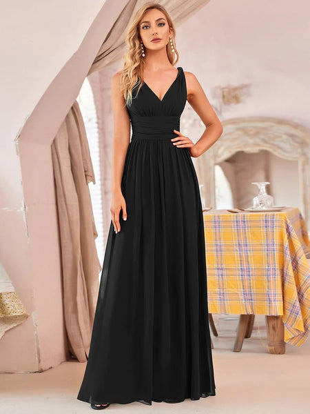 Elegant Double V-Neck Maxi Long Bridesmaid Dress