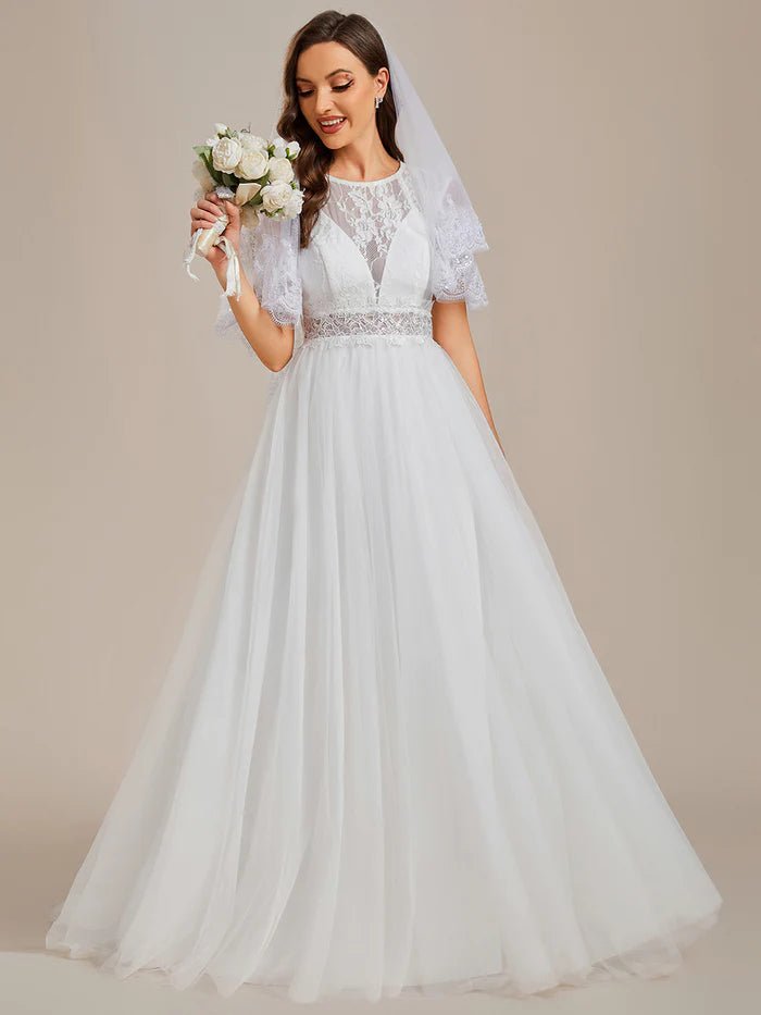 Elegant Hollow Lace Round Neck Wedding Dresses - CALABRO®