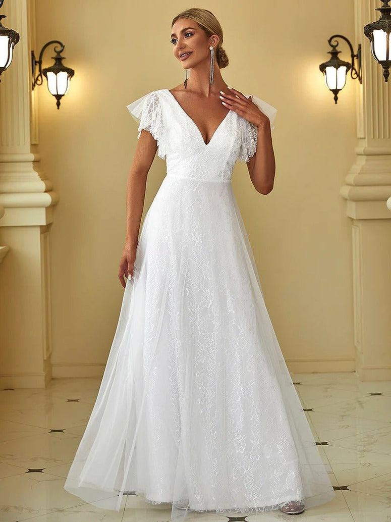 Elegant Maxi Lace Wedding Dress with Ruffle Sleeves - CALABRO®