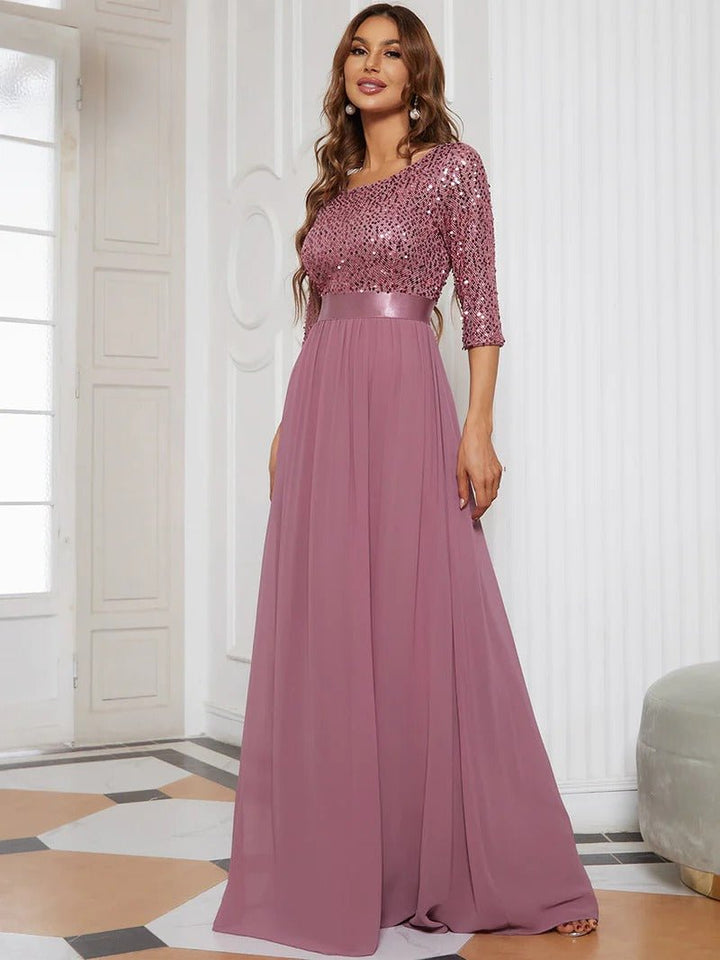 Elegant Round Neckline Sequins Patchwork Evening Dress - CALABRO®